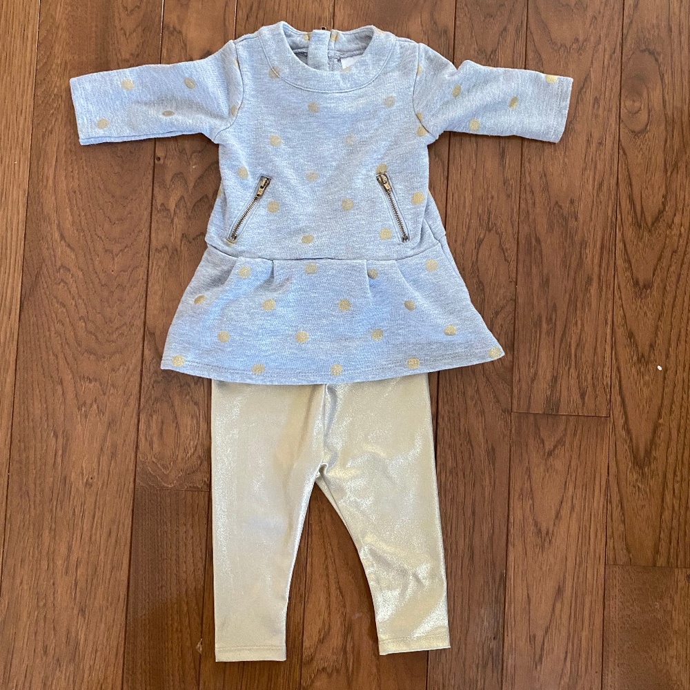 Kardashian Kids Gray and Gold Dress with Shiny Gold Leggings (9 Months)